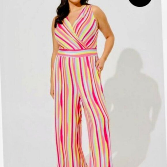 Torrid Pink&Yellow Stripe Super Soft Surplice Jumpsuit Sz.2 NWT - Picture 1 of 5